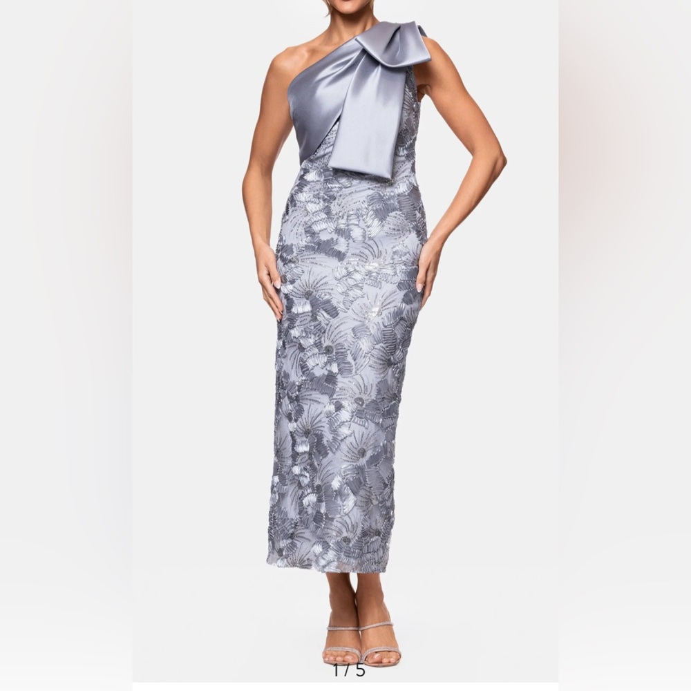NEW Betsy & Adam Crystal Detail Soutache Lace One-Shoulder Sheath Gown, Size 12